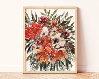 Décoration murale bohème | Aquarelle Boho Fleurs sauvages Orange Rouge Pêche Jaune Verdure | Impression d'art physique Dahlia Anemone Wedding Bouquet