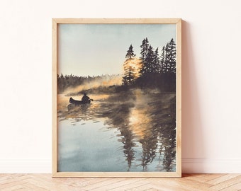 Canoe on a Lake Sunset Watercolor Print | Sunrise Lake Landscape Painting | Cottagecore Decor | Lakehouse Decor