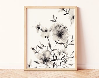 Boho Wall Decor | Watercolor Organic Floral Neutral Black & White | Peony Wedding Bouquet Physical Print | Bohemian Living Room Cosy Bedroom