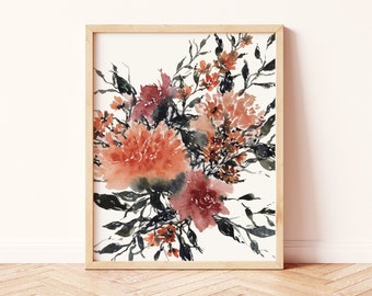 Décor mural bohème | Aquarelle Rouille Neutre Bourgogne Verdure Florale | Dahlia Wildflower Bouquet de mariage Impression physique | Chambre Boho Home