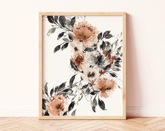 Boho Wall Decor | Fall Wall Art | Spooky Halloween Watercolor Flowers | Black Grey Orange Rust | Physical Print | Neutral Bohemian Room