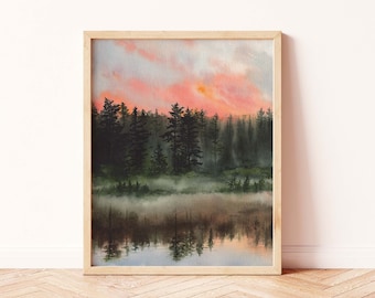 Sunrise Lake Aquarelle | Peinture de paysage forestier | Cottagecore Decor | Aquarelle Coucher de soleil | Forest Lake Art Print | Art du pin