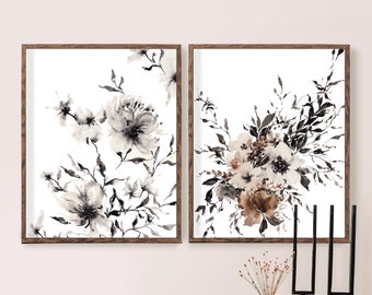 Conjunto de dos flores orgánicas de acuarela / Minimal Black White Neutral / Peonies Wedding Bouquet Physical Art Prints / Boho Boho Decor