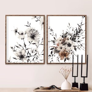 Watercolor Floral Prints Set | Minimalist Black, White & Brown Peonies