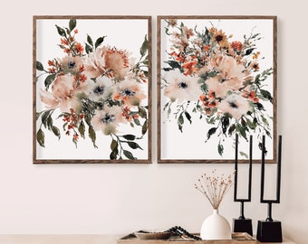 Ensemble de deux aquarelles blanc neutre rouille flocons fleurs verdure | Pivoines Anémone Bouquet Tirages d’art physique | Boho Decor | Paperbec