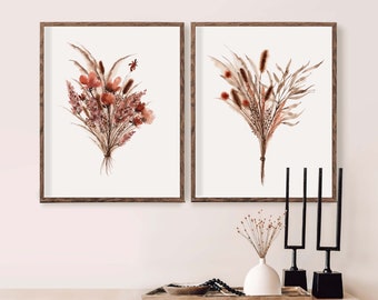 Set of Two Watercolor Neutral Prints | Dried Floral Pampas Minimal Bouquet | White Rust Pink Physical Art Prints | Bohemian Decor | Paperbec