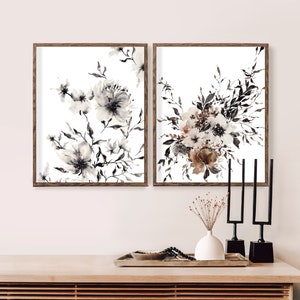 Set of Two Watercolor Organic Florals Minimal Black White - Etsy