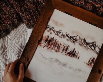Winter Cabin Watercolor Print | Scandinavian Mountain Landscape
