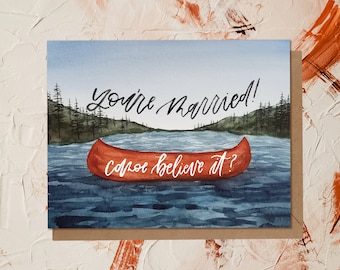 Aquarelle mariage Canoe Lake Elopement marié jeu de mots drôle carte de vœux | Cadeau aventure en plein air | Eco-durable