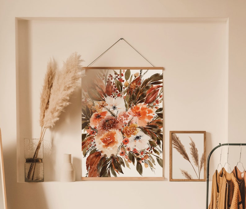 Boho Wall Decor Fall Art Watercolor Bohemian Wildflower Orange Brown Rust Terracotta Greenery Magnolia Leaves Bouquet Physical Print image 7