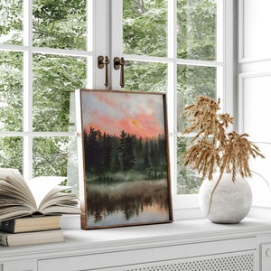 Sunrise Lake Watercolor Painting Forest Landscape Painting Cottagecore Decor Watercolor Sunset Forest Lake Art Print Pine Tree Art image 2