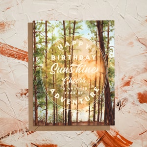 Joyeux anniversaire, soleil | Carte de voeux de coucher du soleil d'aquarelle de forêt d'Algonquin | Eco-durable