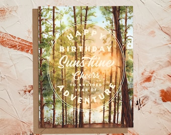 Happy Birthday Sunshine | Algonquin Forest Watercolor Sunset Greeting Card | Eco Sustainable