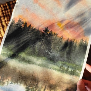 Sunrise Lake Watercolor Painting Forest Landscape Painting Cottagecore Decor Watercolor Sunset Forest Lake Art Print Pine Tree Art image 7