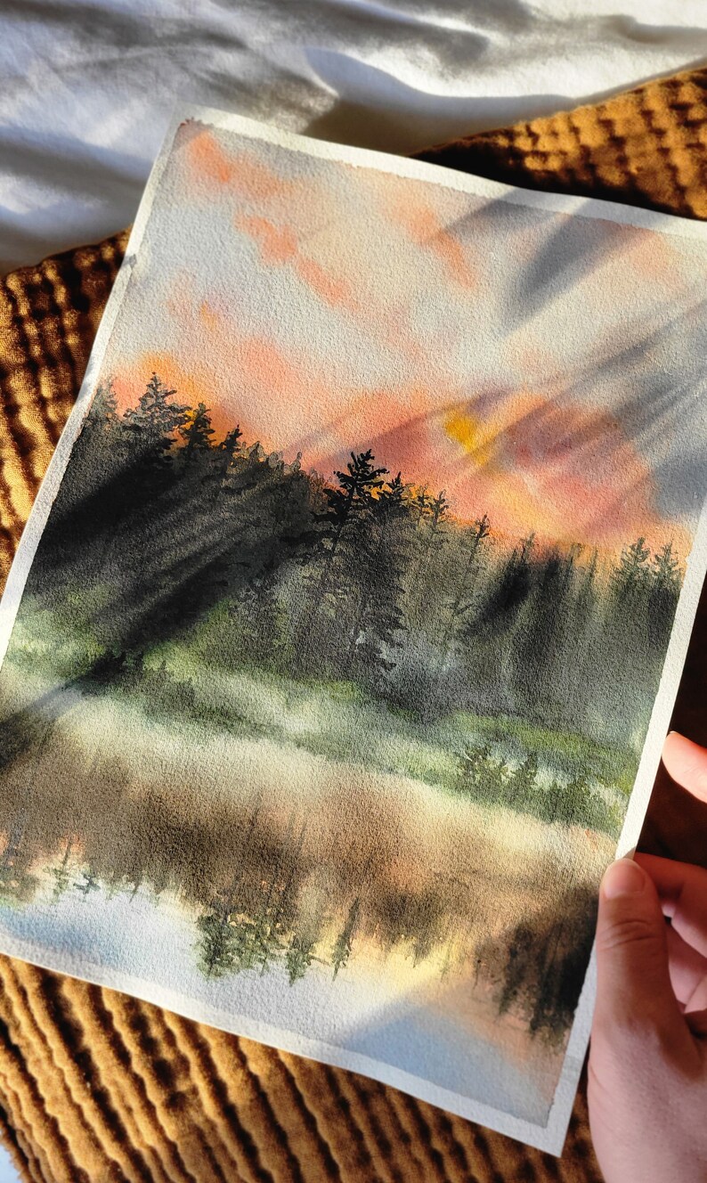 Sunrise Lake Watercolor Painting Forest Landscape Painting Cottagecore Decor Watercolor Sunset Forest Lake Art Print Pine Tree Art image 7