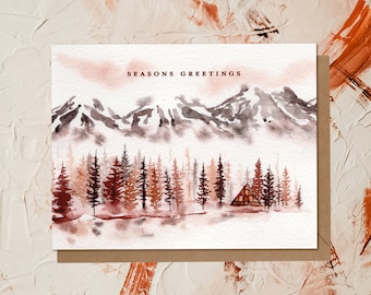 Seasons Greetings | Winter Wonderland Watercolor Cabin Scene Holiday Card | Eco Friendly Greeting Card