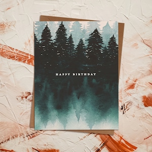 Watercolor Lake Forest Cottage Landscape Birthday Greeting Card | Painted National Park Trees Adventure Outdoors Camping | Eco Sustainable