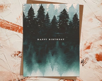 Watercolor Lake Forest Cottage Landscape Birthday Greeting Card | Painted National Park Trees Adventure Outdoors Camping | Eco Sustainable