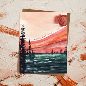 aquarelle rétro paysage abstrait carte de vœux | Joyeux anniversaire baby shower | Carte postale Boho Lake Adventure Outdoor Eco Durable