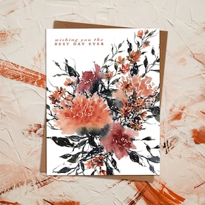 Carte florale aquarelle du meilleur jour pour une douche d'anniversaire de mariage | Bouquet bohème de fleurs sauvages rouille bordeaux | Éco durable | paperbec
