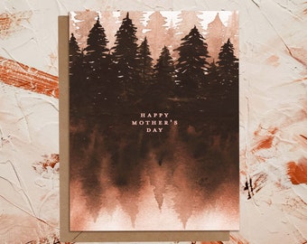 Happy Mother's Day Watercolor Lake Forest Cottage Landscape Mom Greeting Card | Painted Trees Adventure Outdoors Camping | Eco Sustainable