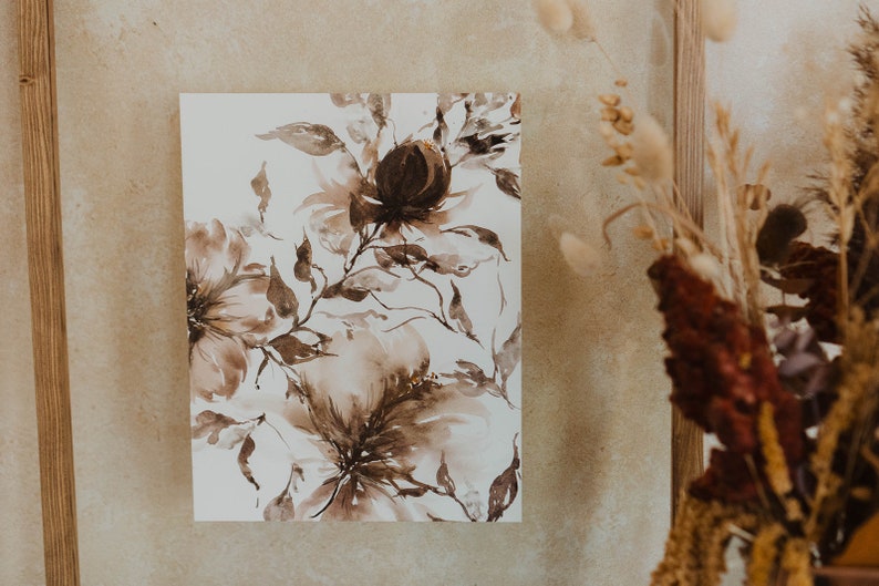 Boho Wall Decor / Moody Modern Organic Watercolor Florals / Neutral Brown Black Purple Grey / Peony Wedding Bouquet Print / Living Room imagen 3
