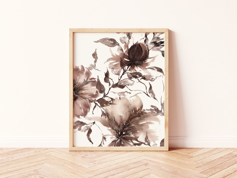 Boho Wall Decor / Moody Modern Organic Watercolor Florals / Neutral Brown Black Purple Grey / Peony Wedding Bouquet Print / Living Room imagen 1