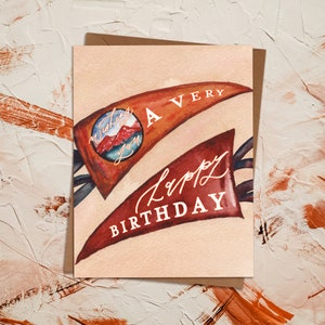 Carte d'anniversaire fanion vintage aquarelle | Aventure dans un camp de plein air dans un parc national | Drapeau rétro respectueux de l'environnement | paperbec