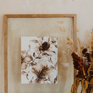 Boho Wall Decor / Moody Modern Organic Watercolor Florals / Neutral Brown Black Purple Grey / Peony Wedding Bouquet Print / Living Room imagen 2