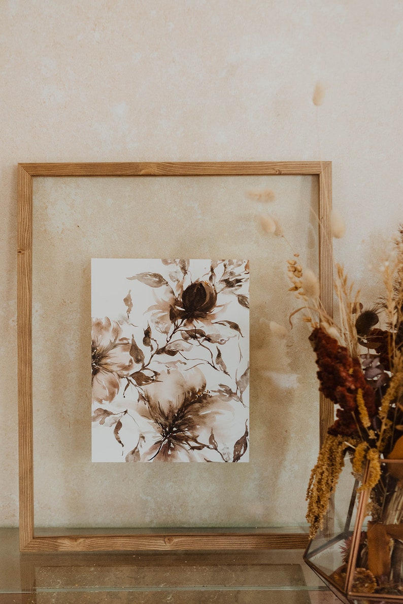 Boho Wall Decor / Moody Modern Organic Watercolor Florals / Neutral Brown Black Purple Grey / Peony Wedding Bouquet Print / Living Room imagen 2