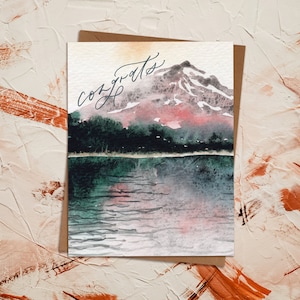 Watercolor Mountain Landscape Greeting Card | Wedding Engagement Baby Elope | Trillium Lake Oregon National Park Adventure | Eco Sustainable