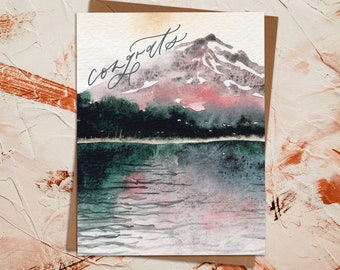 Watercolor Mountain Landscape Greeting Card | Wedding Engagement Baby Elope | Trillium Lake Oregon National Park Adventure | Eco Sustainable