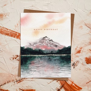 de voeux d'anniversaire de paysage de montagne d'aquarelle | Camp d'aventure en plein air dans le parc national du lac Trillium de l'Oregon | Peint écologiquement durable