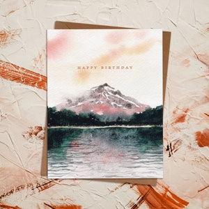 Watercolor Mountain Landscape Birthday Greeting Card | Trillium Lake Oregon National Park Adventure Outdoors Camp | Eco Sustainable Painted