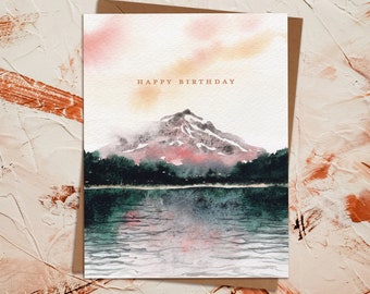 Watercolor Mountain Landscape Birthday Greeting Card | Trillium Lake Oregon National Park Adventure Outdoors Camp | Eco Sustainable Painted