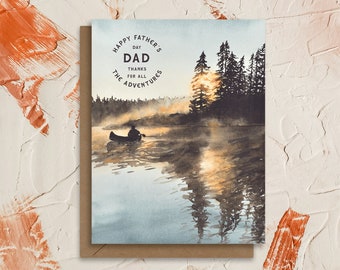 Happy Father's Day Dad | Thanks for the Adventures | Watercolor Lake Forest Cottage Landscape Greeting Card | Outdoors Camping Gifts for Dad