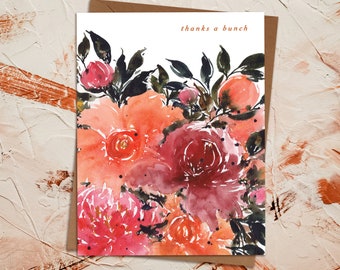 Watercolor Bright Floral Thank You Card | Wildflower Painted Peonies Original Art | Orange Pink Green | Wedding Baby Sustainable Eco