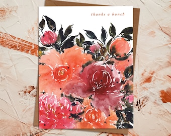 Watercolor Bright Floral Thank You Card | Wildflower Painted Peonies Original Art | Orange Pink Green | Wedding Baby Sustainable Eco