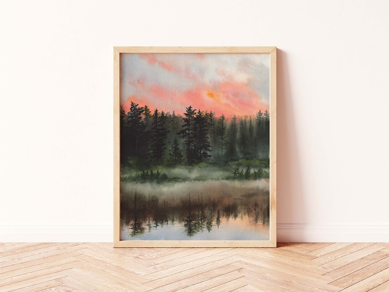 Sunrise Lake Watercolor Painting | Forest Landscape Painting ...