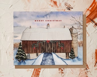 Merry Christmas Holiday Card | Winter Wonderland Watercolor Country Barn Scene | Eco Friendly Greeting Card