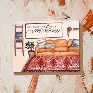 Cartes de voeux aquarelle peintes à la main de pendaison de crémaillère | Nouvelle maison appartement Boho Boho salon salutation tapis nordique motif plante d'intérieur