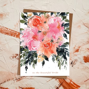 Belle carte florale lumineuse lumineuse de jeune mariée | Fleurs sauvages Pivoines Orange Rose Vert | Bouquet nuptiale de douche durable écologique | paperbec