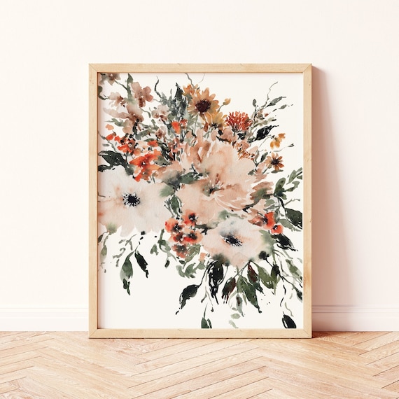 Boho Wall Decor Watercolor Neutral White Rust Floral | Etsy