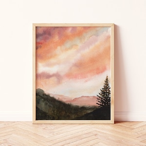 Boho Wall Decor | Watercolor Mountain Golden Hour Sunset Landscape Physical Art Print | Great Smokey Mountain Orange Bohemian | Paperbec