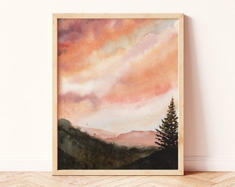 Décor mural bohème | Aquarelle Montagne Golden Hour Coucher de soleil Paysage Art physique Imprimer | Great Smokey Mountain Orange Boho | Paperbec