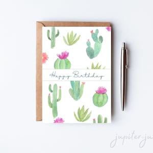 Cartão de aniversário para impressão, feliz aniversário, cacto, cartão de aniversário para amante de plantas, cartão de aniversário em aquarela, cartão para ela, cartão para ele,