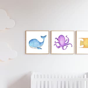 Ozean Tier Aquarell druckbare Sammlung, lila Oktopus, Blauwal, gelber Fisch, Ozean Kinderzimmer Dekor, Ozean Thema