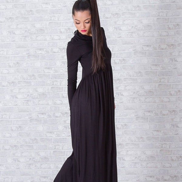 Long Black Dress, Long Sleeve Dress, Winter Clothing, Black Maxi Dress, Jersey Dress, Plus Size Clothing, Turtleneck Dress,Winter Maxi Dress
