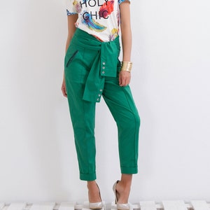 Casual Pants/ High Waist Pants/ Green Pants/ Drop Crotch Pants/ Crepe Pants/ Loose Pants/ Straight Leg Pants/ Midi Pants/ Friends Fashion image 5