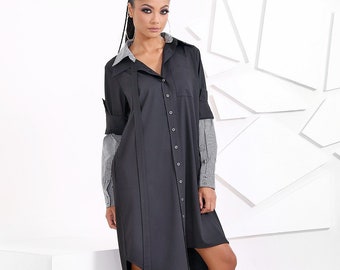 Black Shirt Dress For Women, Extravagant Dress With Buttons, Asymmetrical Loose Dress, Plus Size Clothing, Collar Dress, Party Dress